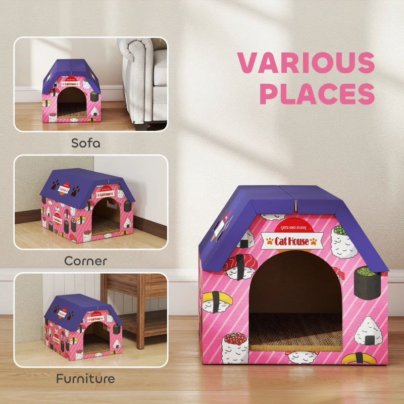 Cat Scratcher House, 2-in-1 Cardboard Cat Scratching Pad with Door, 4 Paw-Shaped Vents and Grass for Indoor, Pink