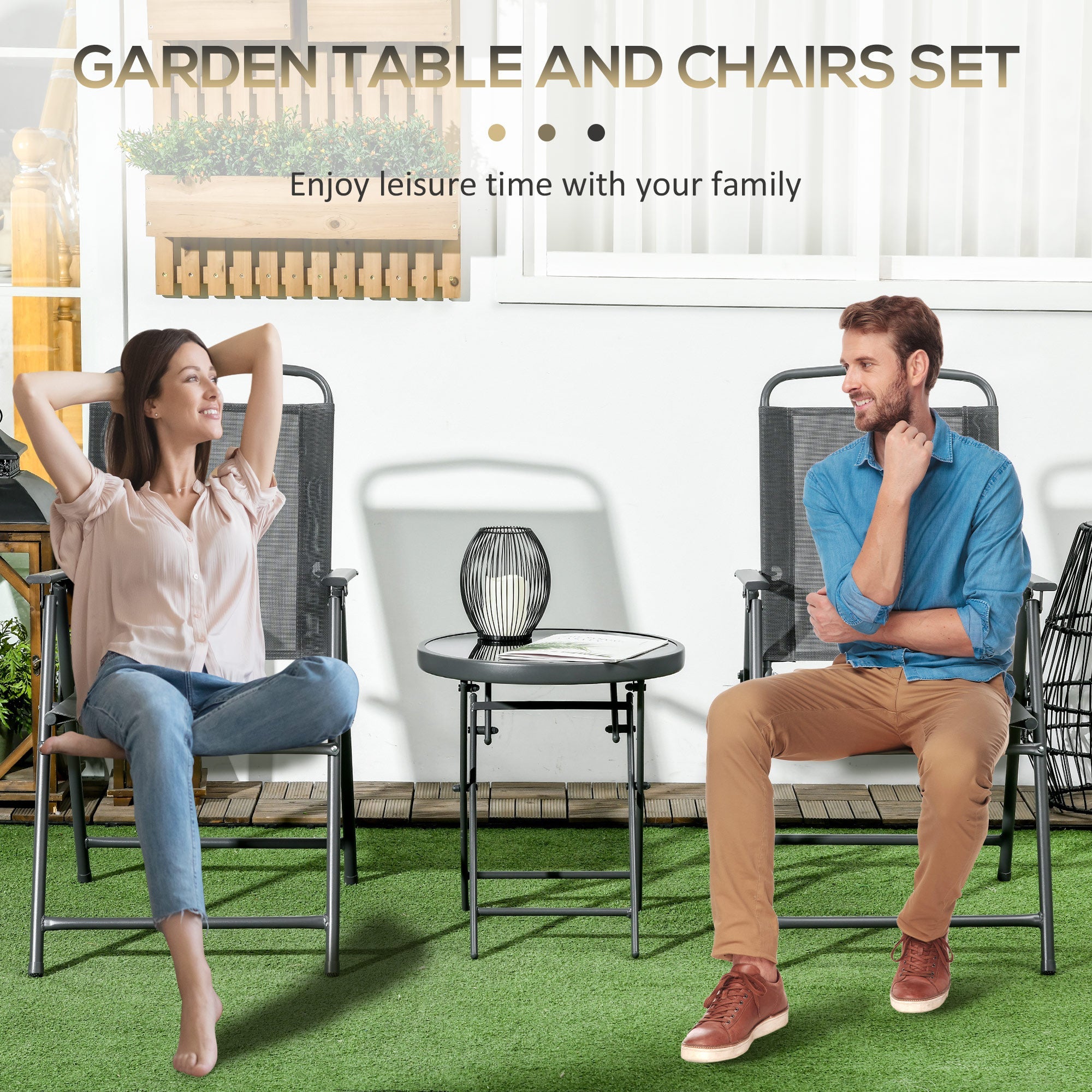 Outsunny 3 Pieces Bistro Set, Foldable Patio Furniture Set with Mesh Chairs, Glass Table for Garden, Balcony, Charcoal Grey 