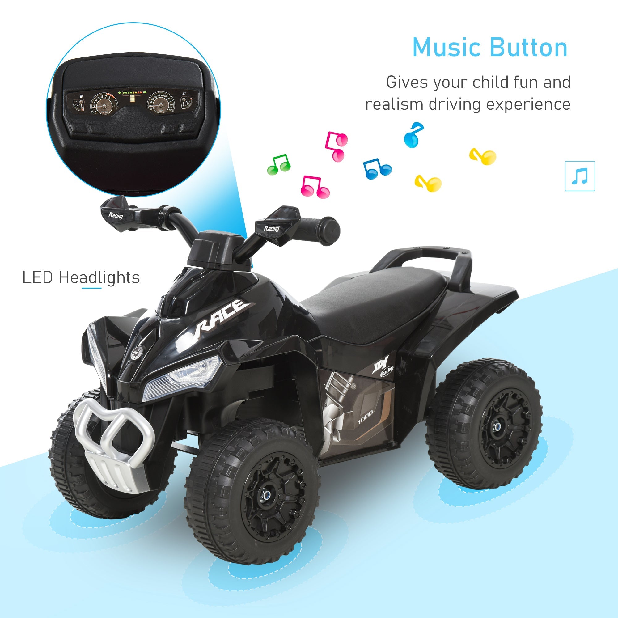 Aosom Ride on Toy for Kids 4 Wheel Motorcycle Baby Walker Toddler Ride on Car Battery Powered Toys for Kids 18-36 Months Black 