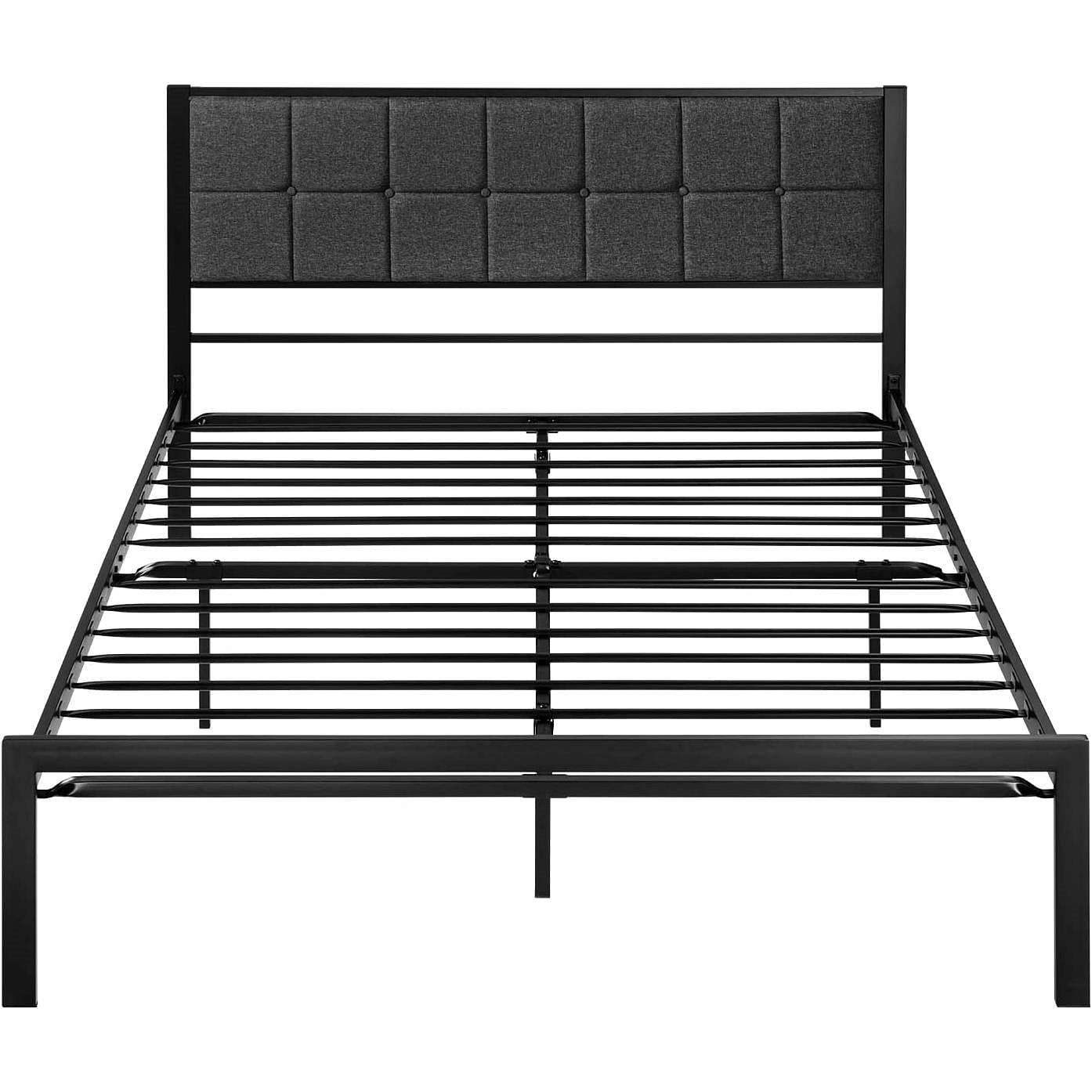 Queen Metal Platform Bed Frame with Gray Button Tufted Upholstered Headboard - Free Shipping