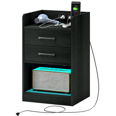 HOMCOM Charging Nightstand: LED Lights, AC Outlets, USB Ports, 2 Drawers, Shelf, Modern Bedroom Furniture, Black 