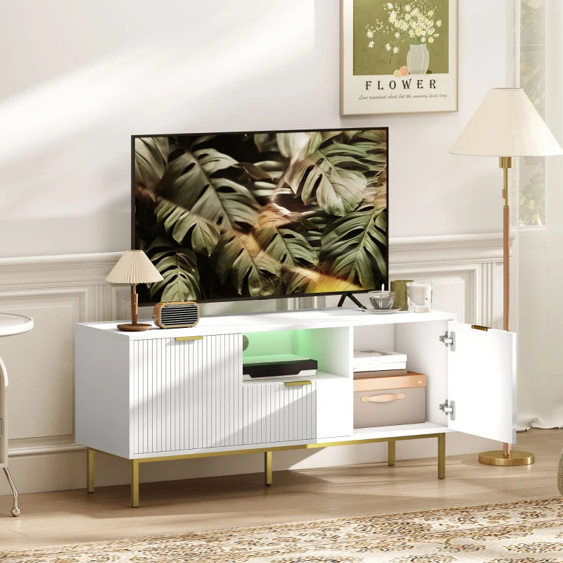 Modern TV Console for TVs up to 50 Inch, Entertainment Center with Smart RGB LED Lights and Soft Close Doors, White