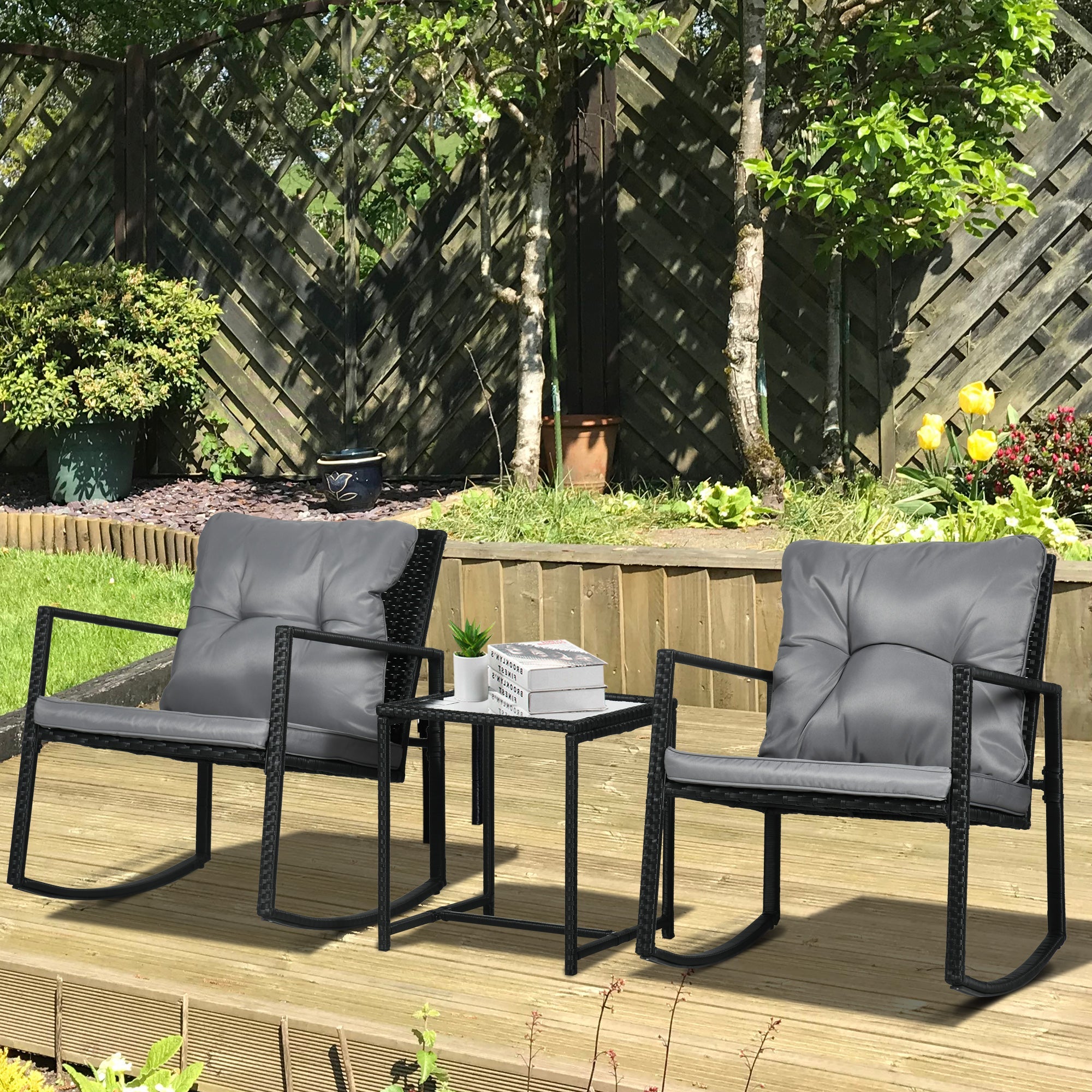 Outsunny 3-Piece Rocking Bistro Set, Wicker Outdoor Furniture with Glass Coffee Table, Rocking Chairs for Porch & Lawn 