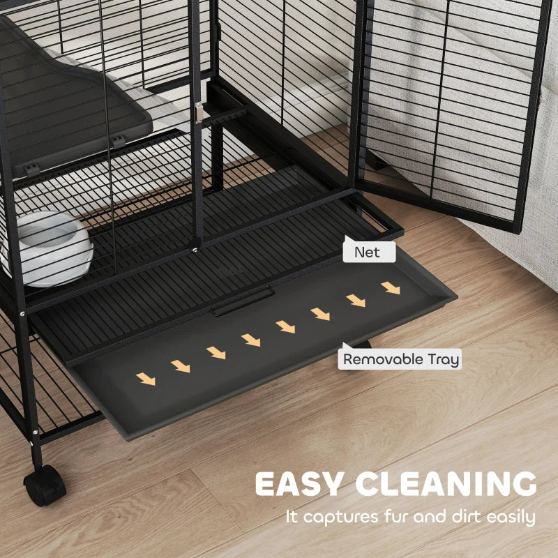 Rolling Small Animal Cage 34"H Chinchilla Cage for Ferrets, Squirrels w/ Removable Tray, Storage Shelf, Black