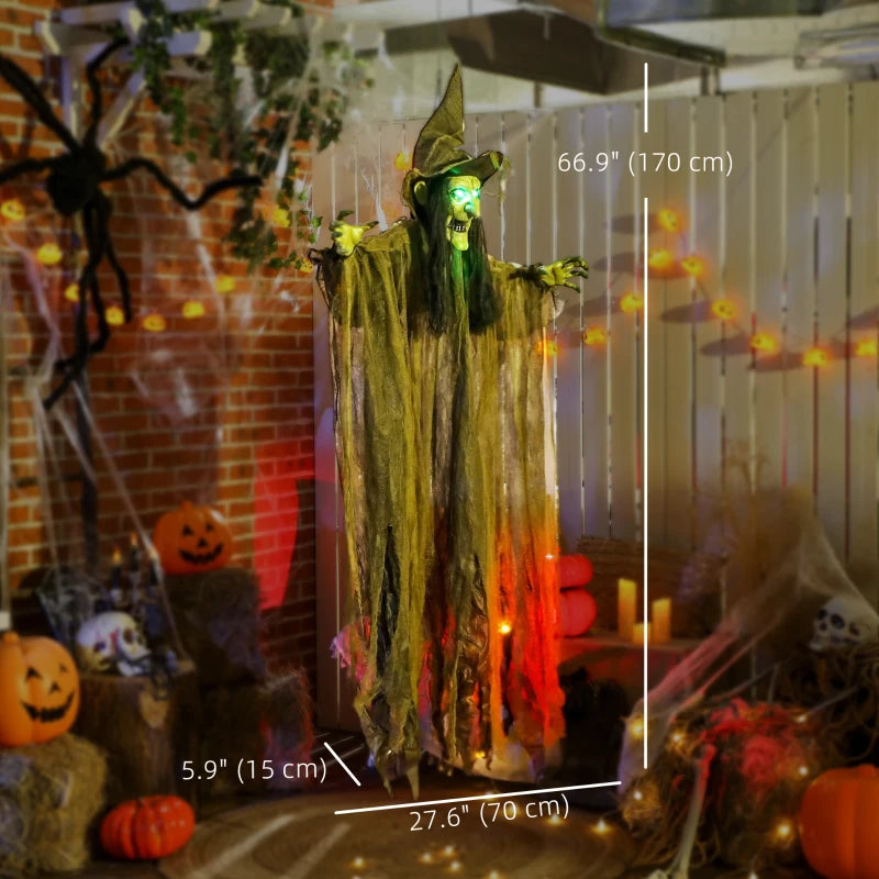 Outsunny Animated Hanging Witch – Voice-Activated, Flashing Eyes & Wicked Laughter, Green Halloween Prop 