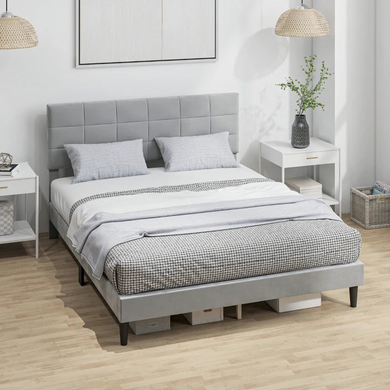 Queen Size Bed Frame with Upholstered Headboard, Modern Platform Bed Frame with Wood Slats, 1100 lbs Capacity, Grey