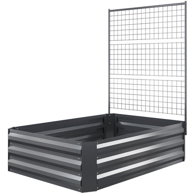 Outsunny Galvanized Raised Garden Bed with Trellis for Climbing Plants, Outdoor Planter Box with Open Bottom, Dark Grey 