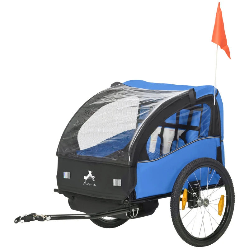 Aosom 2 Seat Bike Trailer for Kids, Baby Stroller with Storage Bag, 5 Point Harness, Bicycle Trailer with 20" Wheels, Blue