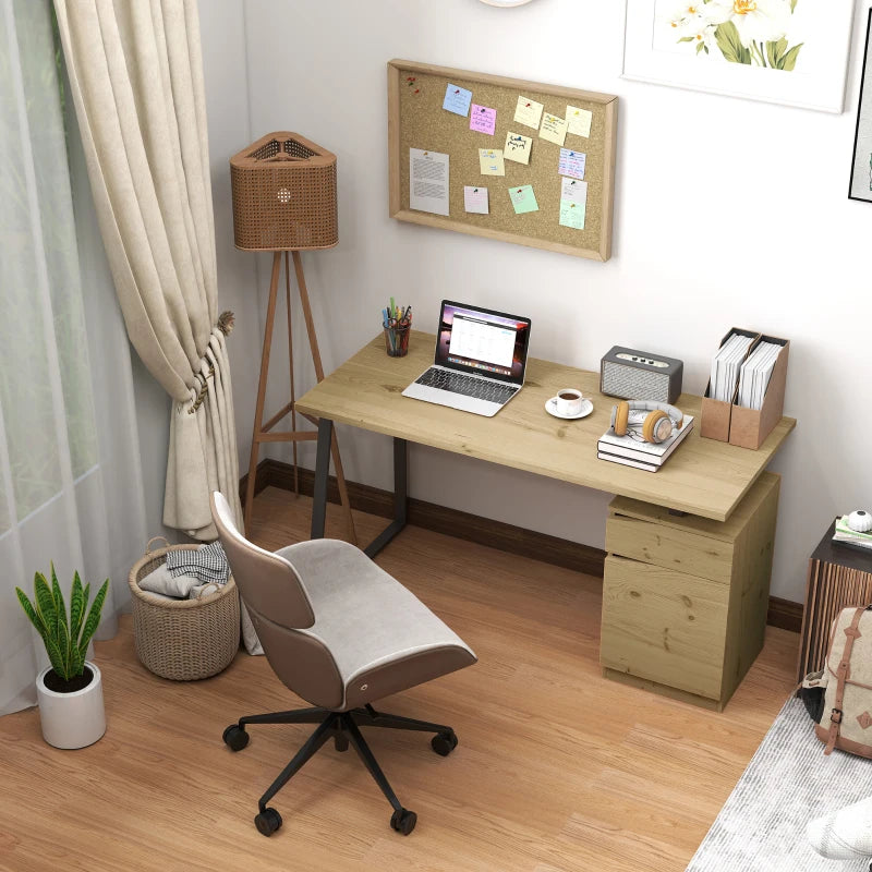 53 Inch Computer Desk, Writing Table with Cabinet, Drawer, Adjustable Shelf for Home Office Study, Natural Wood