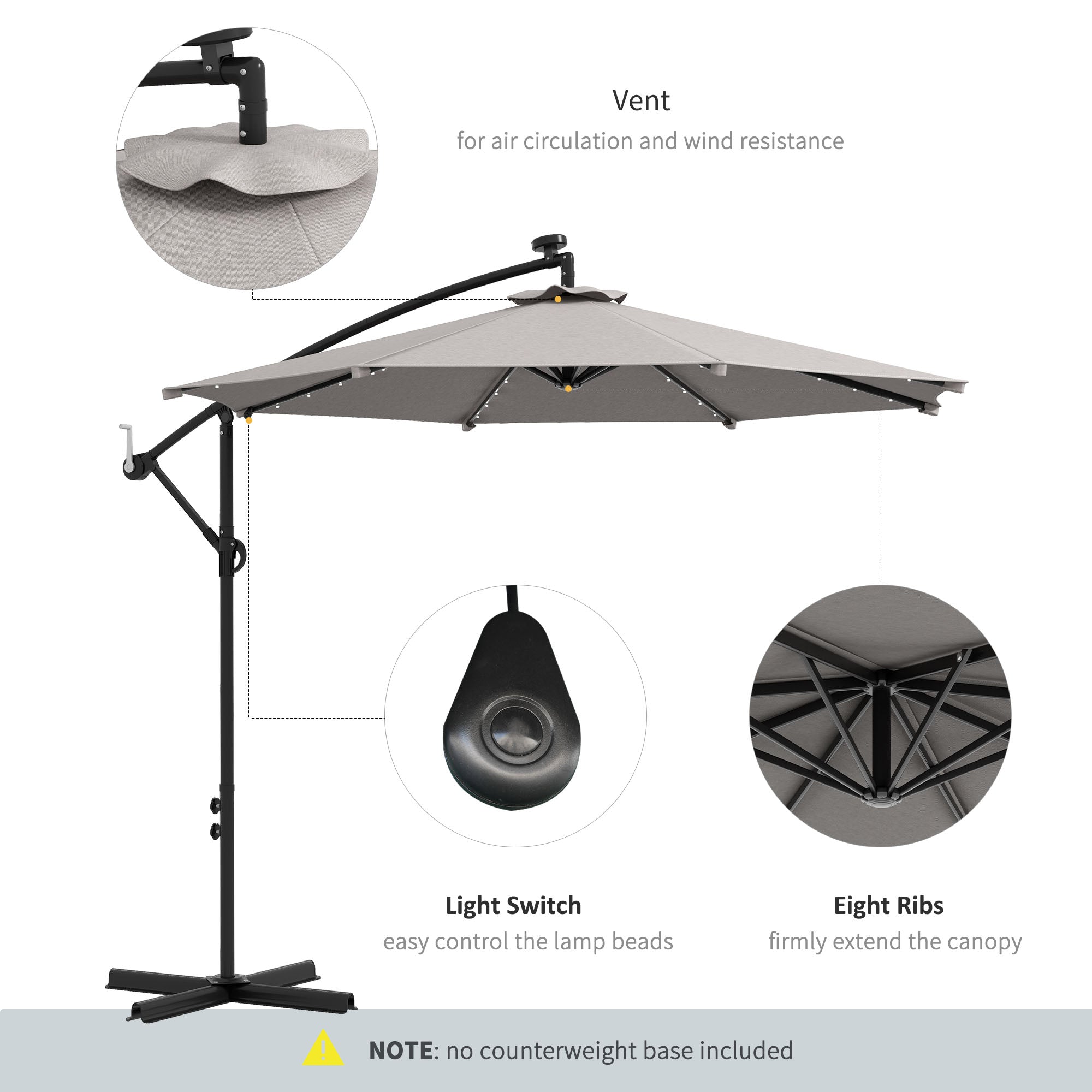 Outsunny Cantilever Umbrella: 10ft Outdoor Banana with Solar Lights Adjustable Angle Light Grey 