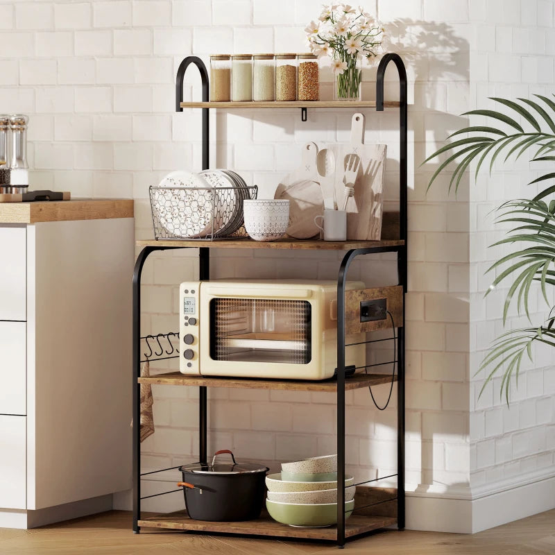 Baker's Rack with Charing Station, Microwave Shelf with Power Outlet, USB Charger and 4 Hooks, Rustic Brown