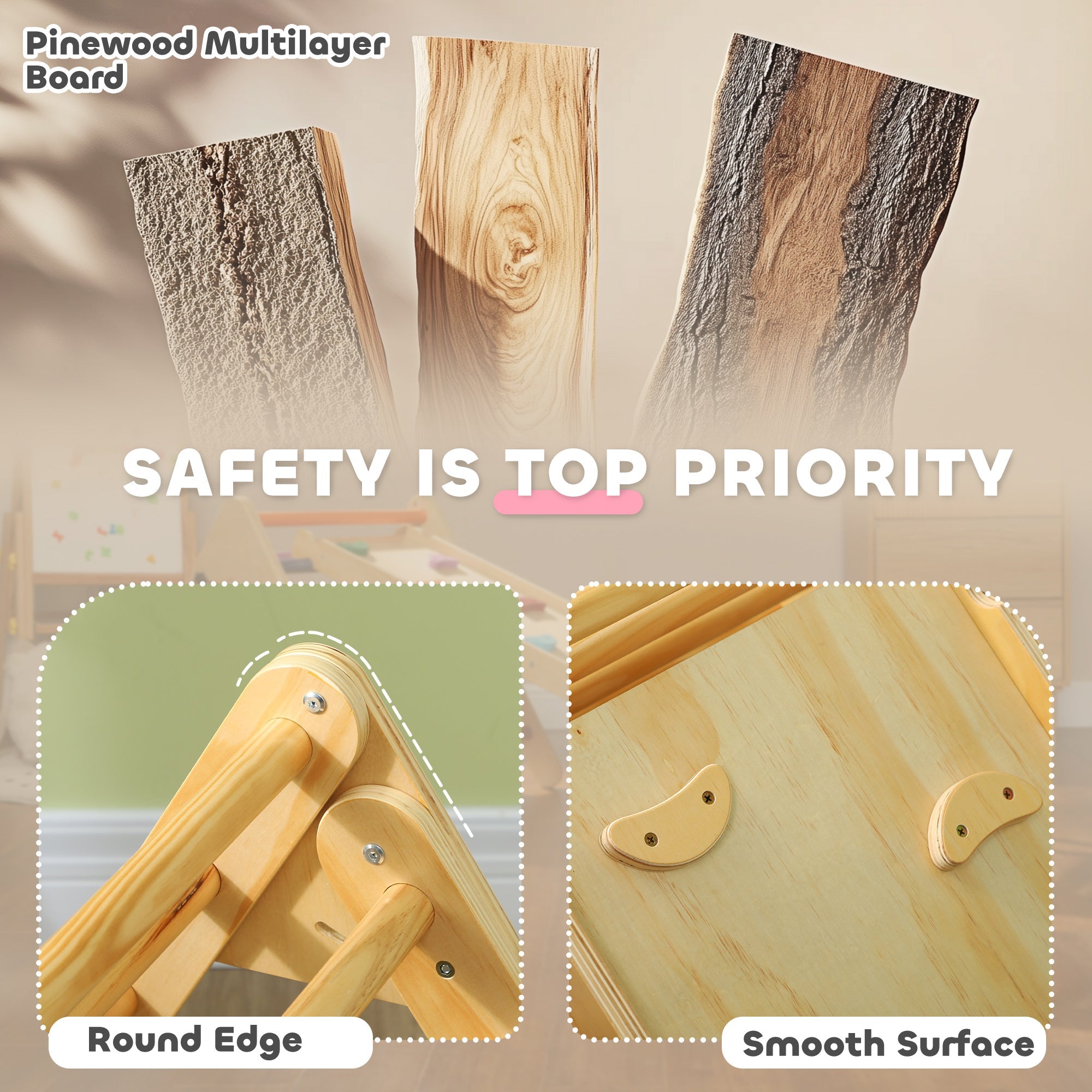 Qaba Pikler Triangle Set, 2 in 1 Climbing Toys with Ramp for Toddlers, Nature Wood 