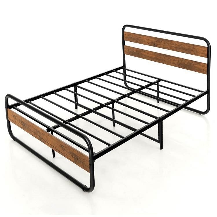 Queen Industrial Wood and Metal Tube Platform Bed with Headboard and Footboard - Free Shipping