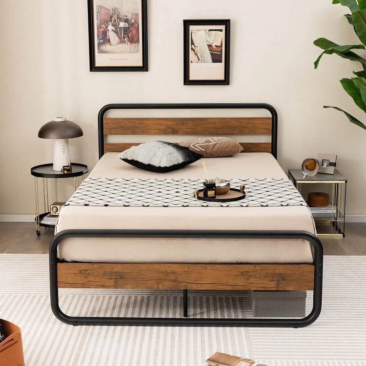 Queen Industrial Wood and Metal Tube Platform Bed with Headboard and Footboard - Free Shipping