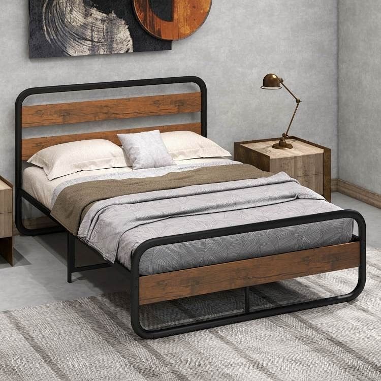 Queen Industrial Wood and Metal Tube Platform Bed with Headboard and Footboard - Free Shipping