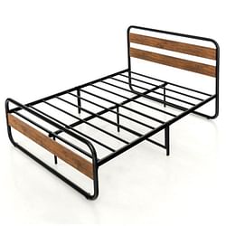 Queen Industrial Wood and Metal Tube Platform Bed with Headboard and Footboard - Free Shipping