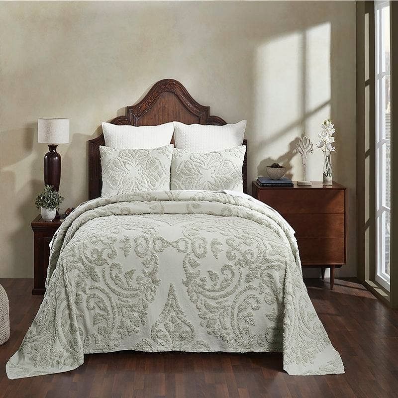 Queen Size 100-Percent Cotton Chenille 3-Piece Coverlet Bedspread Set in Sage - Free Shipping 