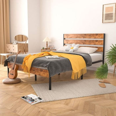 Queen Industrial Platform Bed Frame with Brown Wood Slatted Headboard Footboard - Free Shipping 