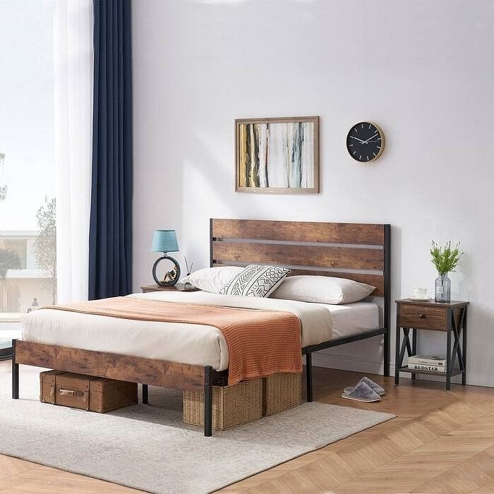 Queen Industrial Platform Bed Frame with Brown Wood Slatted Headboard Footboard - Free Shipping