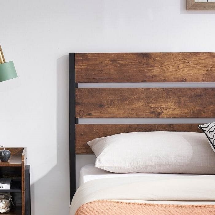 Queen Industrial Platform Bed Frame with Brown Wood Slatted Headboard Footboard - Free Shipping