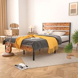 Queen Industrial Platform Bed Frame with Brown Wood Slatted Headboard Footboard - Free Shipping