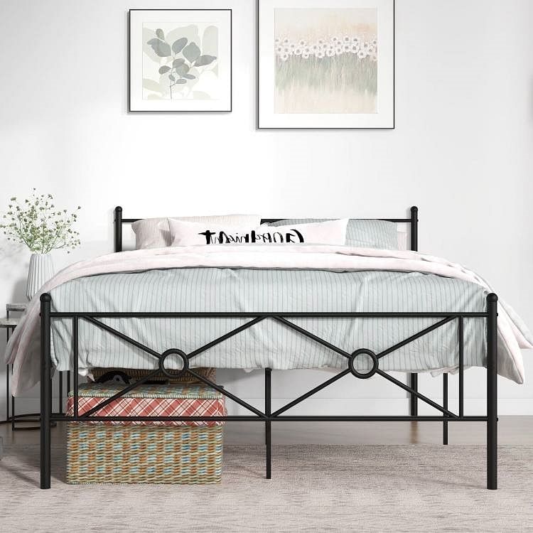 Queen Size Modern Black Metal Headboard & Footboard Platform Bed Frame - Free Shipping