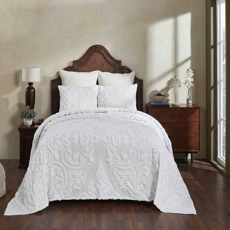 Queen Size OverSized 100% Cotton Chenille 3 PCS Coverlet Bedspread Set in White - Free Shipping 