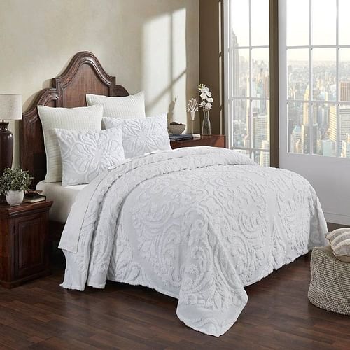 Queen Size OverSized 100% Cotton Chenille 3 PCS Coverlet Bedspread Set in White - Free Shipping