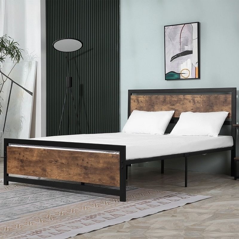 Queen Size FarmHouse Metal Wood Platform Bed Headboard Footboard - Free Shipping