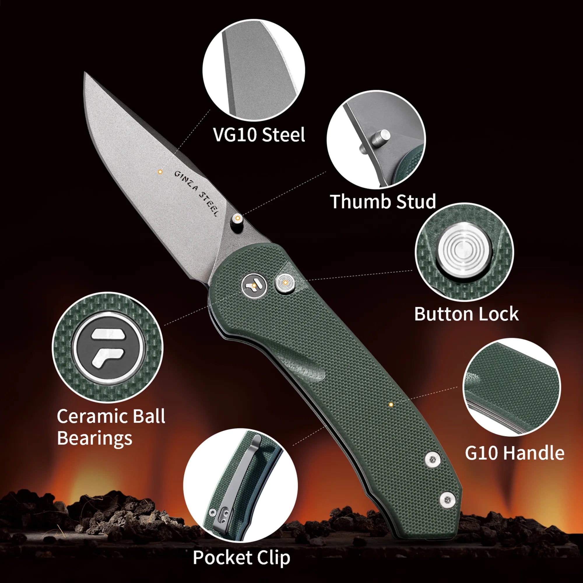 Quick Clip Folding Knife - 14C28N Steel, Military Green G10 