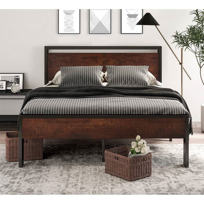 Queen Metal Platform Bed Frame with Mahogany Wood Panel Headboard Footboard - Free Shipping 