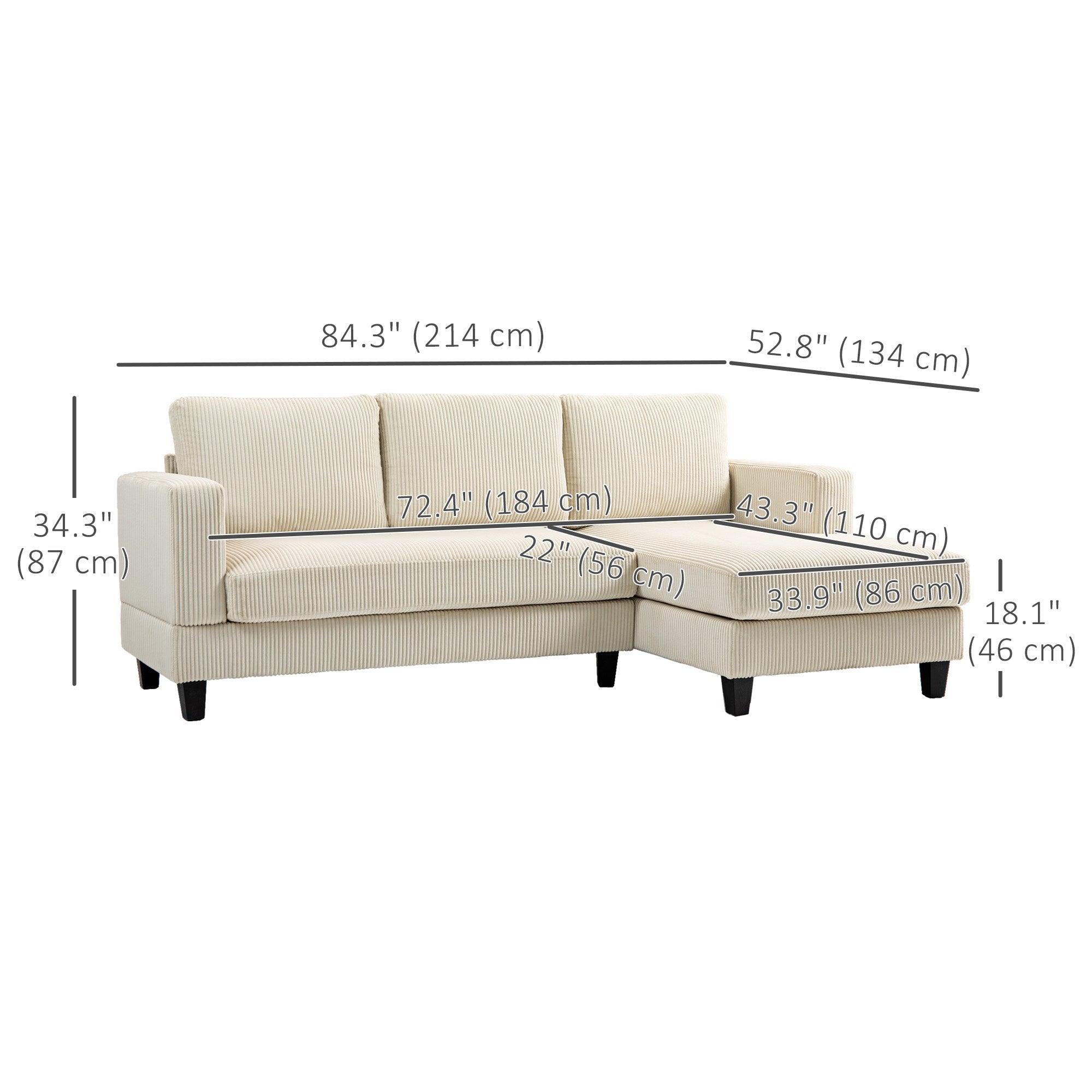 HOMCOM L Shaped Couch, L Shape Sofa with Chaise Lounge and Spring Cushion for Living Room, Bedroom, Beige 
