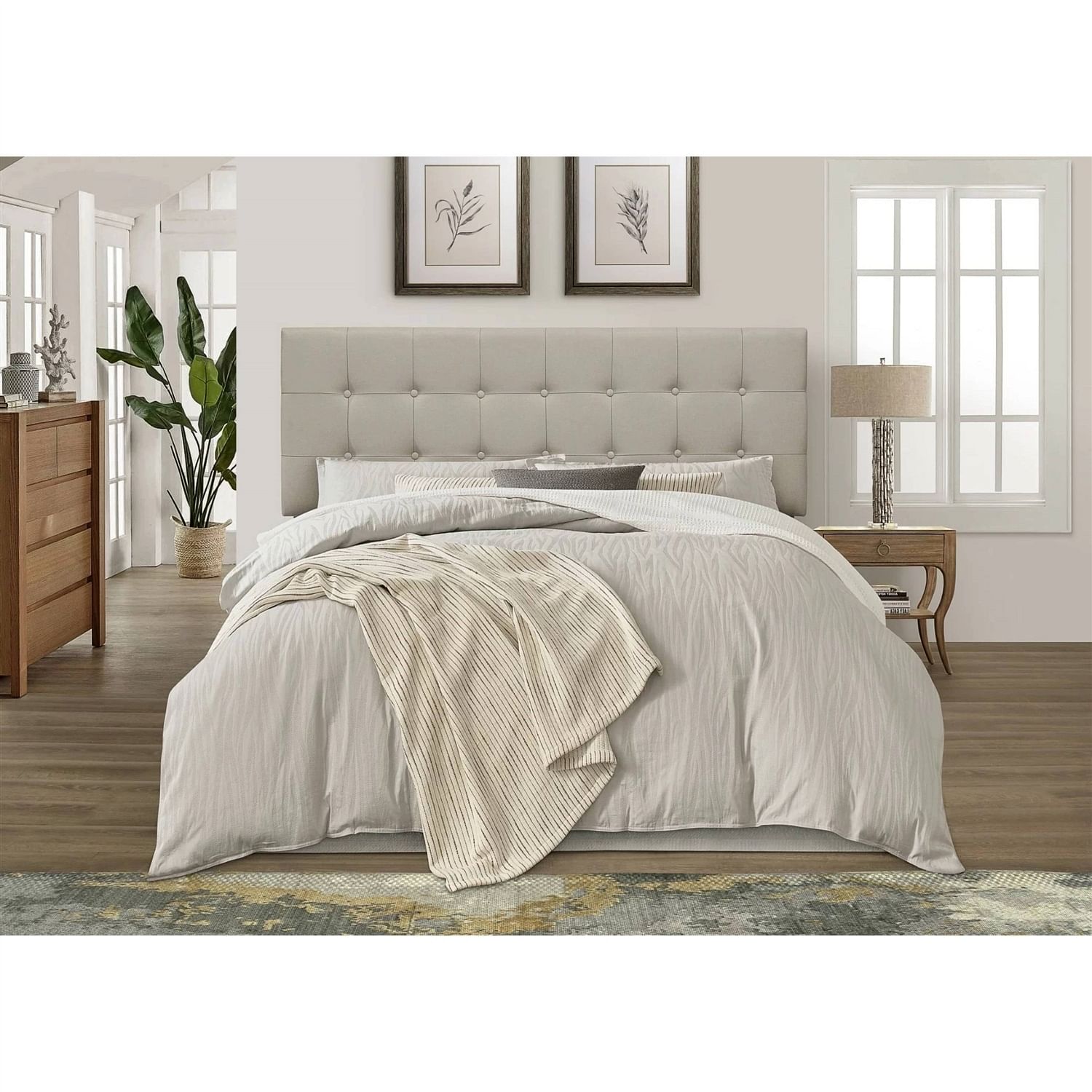 Queen Button-Tufted Headboard in Light Grey Beige Taupe Upholstered Fabric - Free Shipping