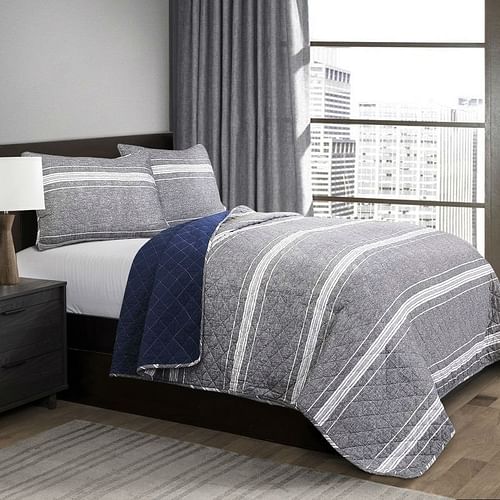 Queen Gray Navy Stripe Motif 100% Cotton Reversible Quilt Coverlet Bedspread Set - Free Shipping 