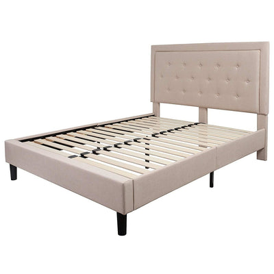 Queen Beige Upholstered Platform Bed Frame with Button Tufted Headboard - Free Shipping 