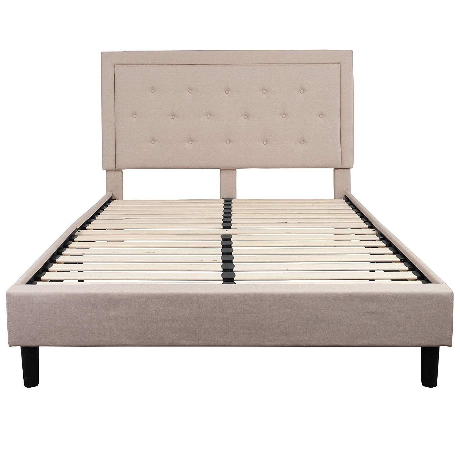 Queen Beige Upholstered Platform Bed Frame with Button Tufted Headboard - Free Shipping