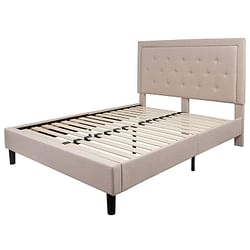 Queen Beige Upholstered Platform Bed Frame with Button Tufted Headboard - Free Shipping