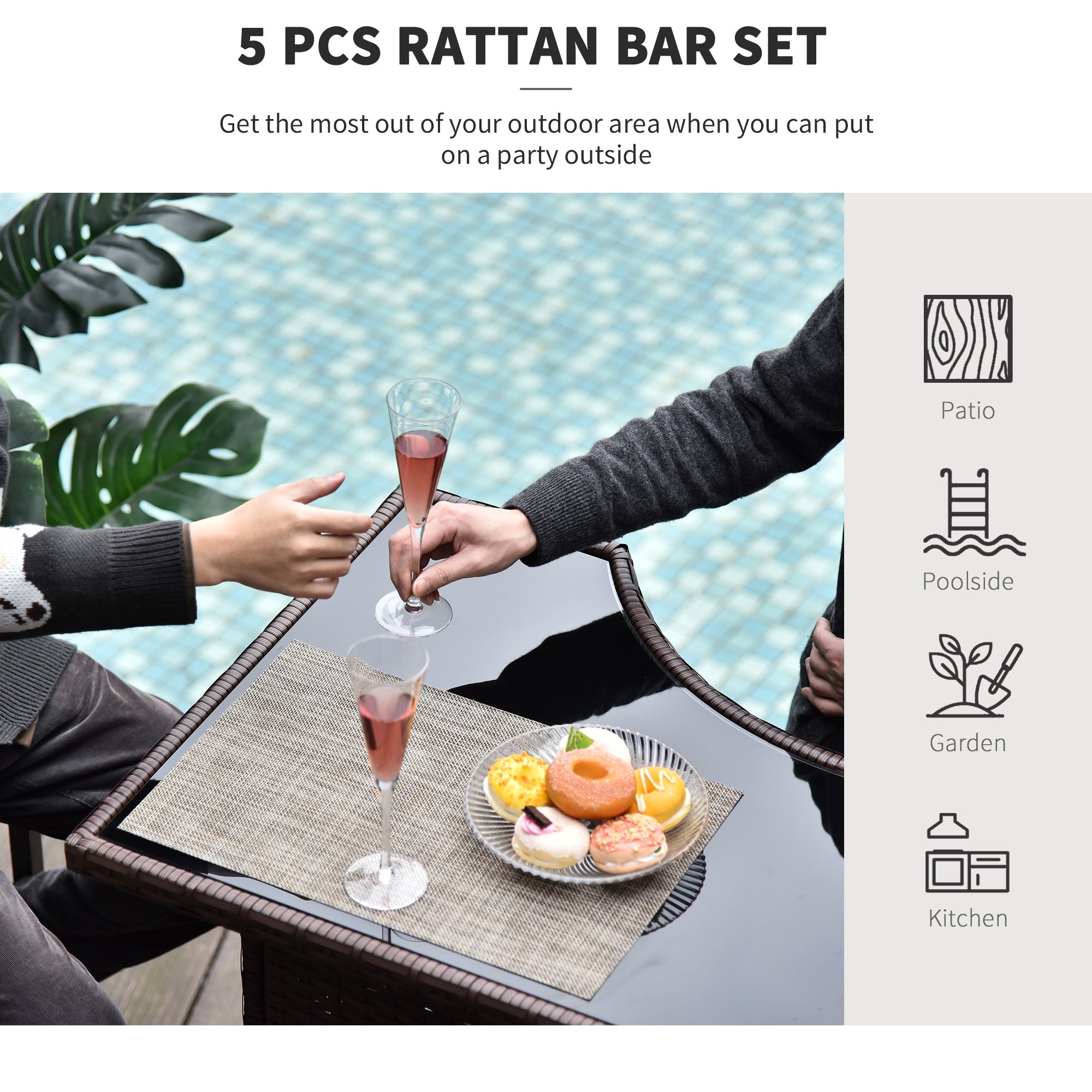 Outsunny Patio Bar Set 5PC Rattan Bistro Set Garden Wicker Barstool and Table Outdoor Dinning Set Dark Brown 