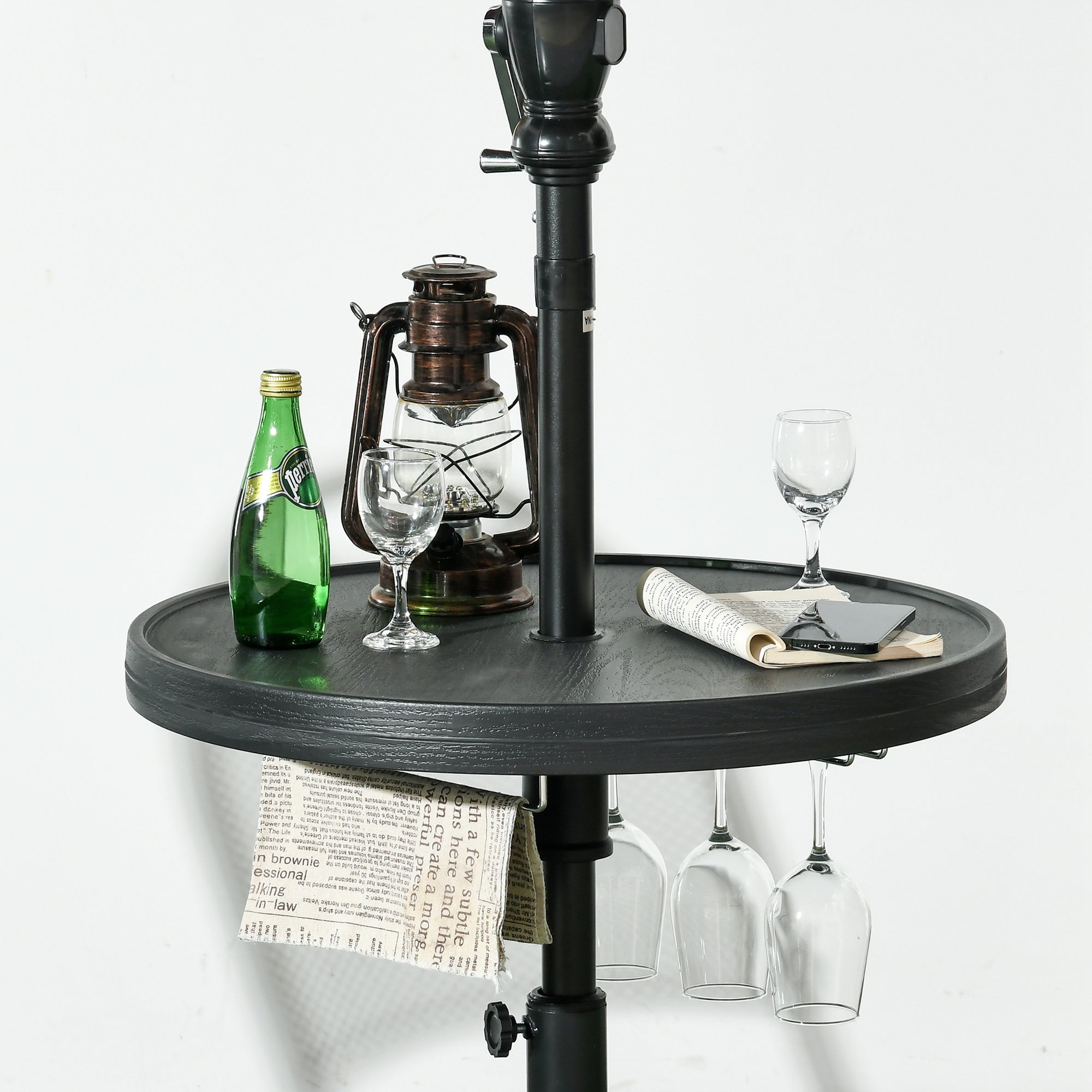Outsunny Beach Umbrella Table Tray with Wine Glass Holder and Foldable Towel Rack, 23.6", Black 