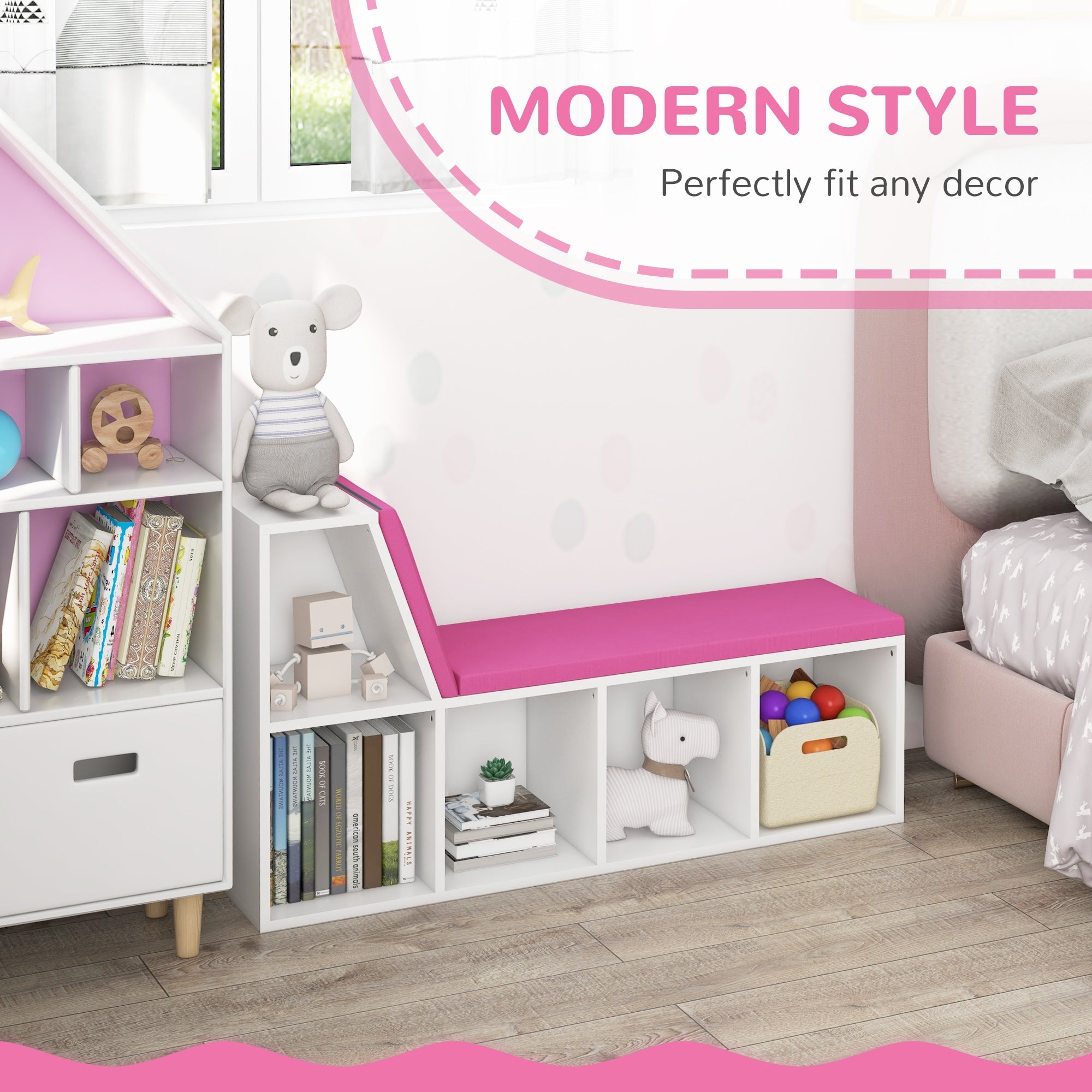 HOMCOM 5-Cube Bookshelf with Reading Nook Cushioned Kids Bookcase Storage Shelves Pink 