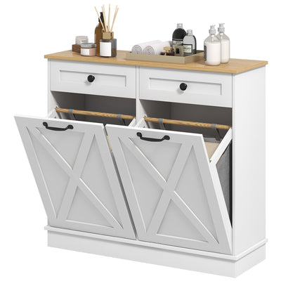 HOMCOM Tilt Out Laundry Cabinet, Bathroom Storage Cabinet with 2 Removable Baskets and 2 Drawers, White 