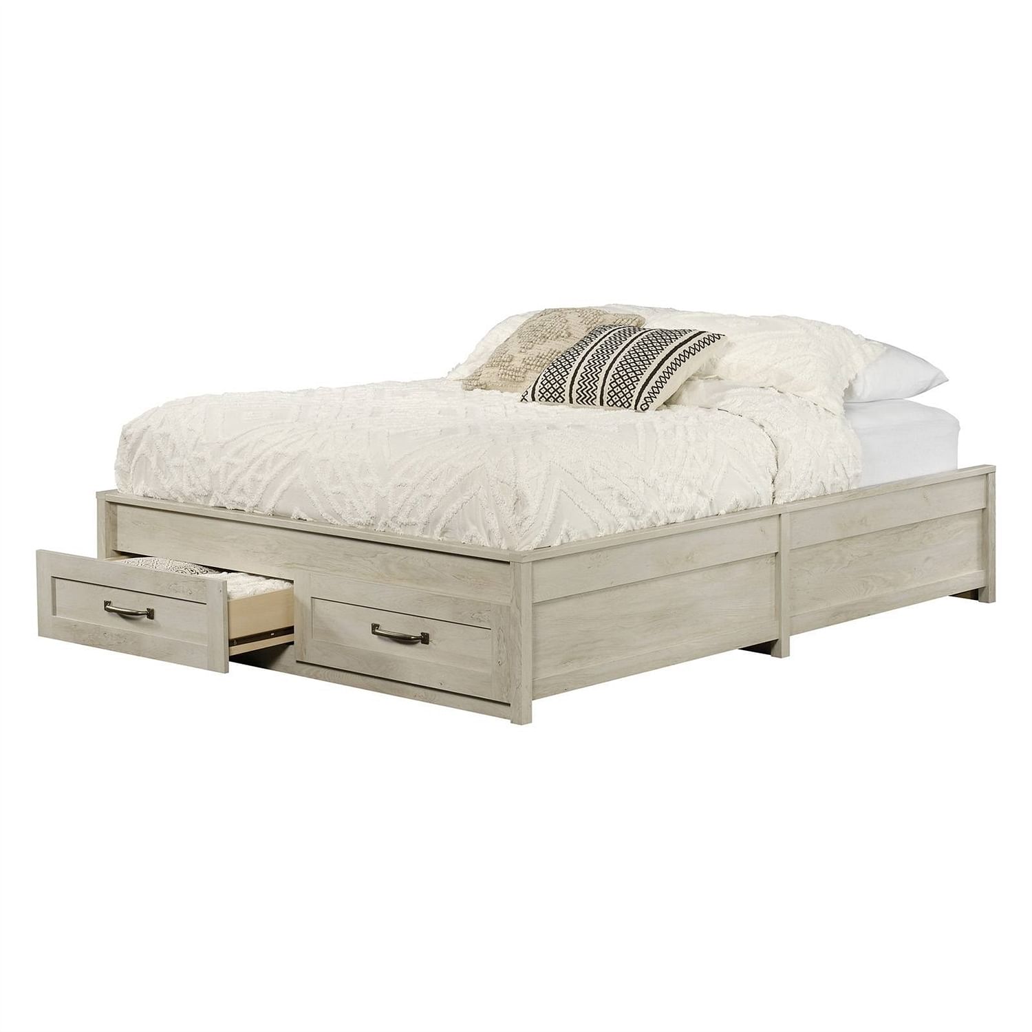 Queen Farmhome Platform Bed with Storage Drawers in Off-White Wood Finish - Free Shipping