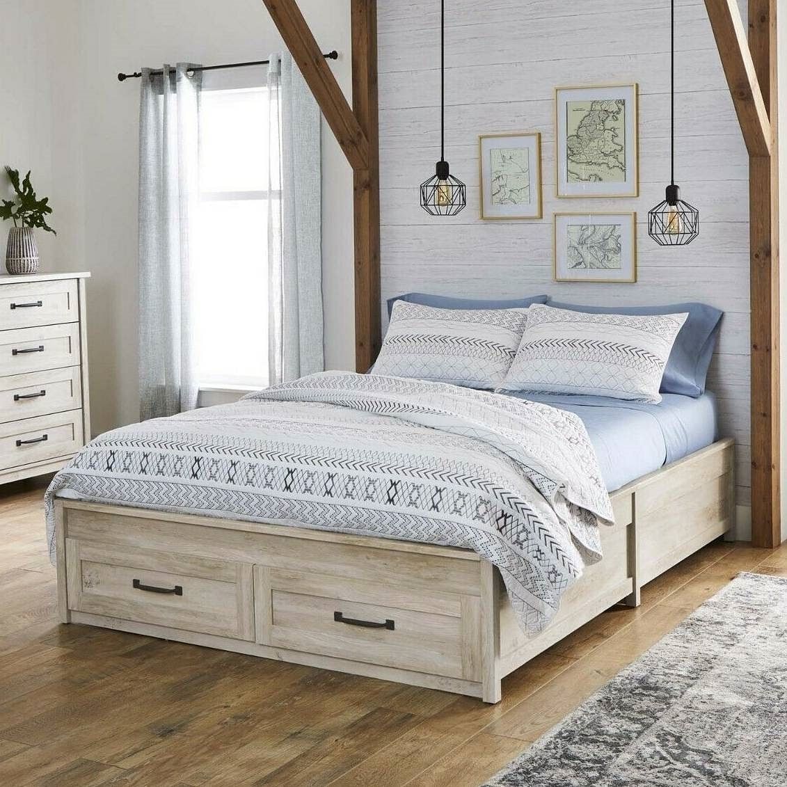 Queen Farmhome Platform Bed with Storage Drawers in Off-White Wood Finish - Free Shipping