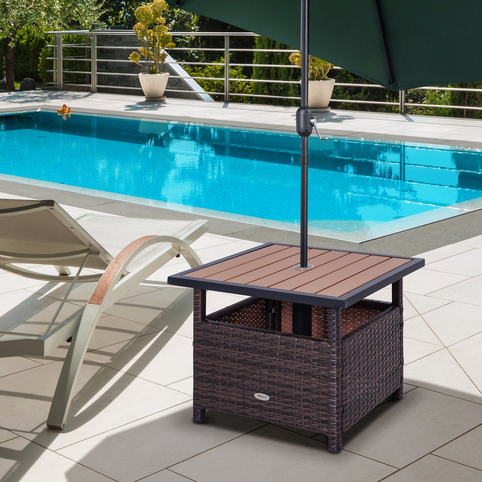 Outsunny 22" Steel PE Rattan Wicker Outdoor Patio Accent Table w/ Umbrella Insert 