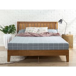 Queen Solid Wood Platform Bed Frame with Headboard in Medium Brown Finish - Free Shipping