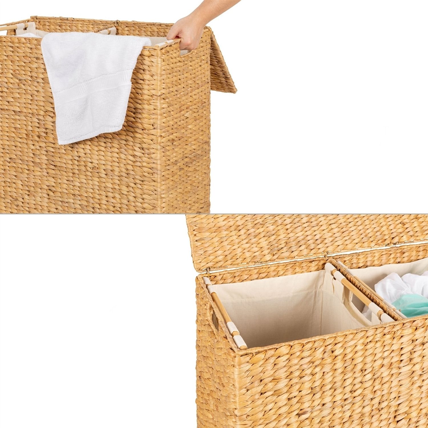 Natural 2-Bin Handwoven Hyacinth Linen Liner Laundry Hamper w/ Handles - Free Shipping 