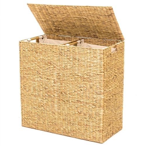 Natural 2-Bin Handwoven Hyacinth Linen Liner Laundry Hamper w/ Handles - Free Shipping 