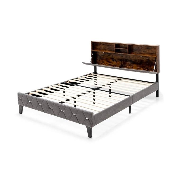 Queen Size Velvet Upholstered Open/Close Storage Headboard Platform Bed - Free Shipping