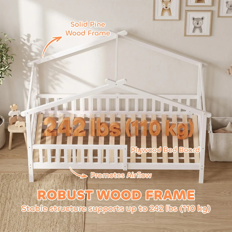 Twin House Bed Frame with Roof, Solid Wood Montessori-Style Kids Bed with Guardrails – White