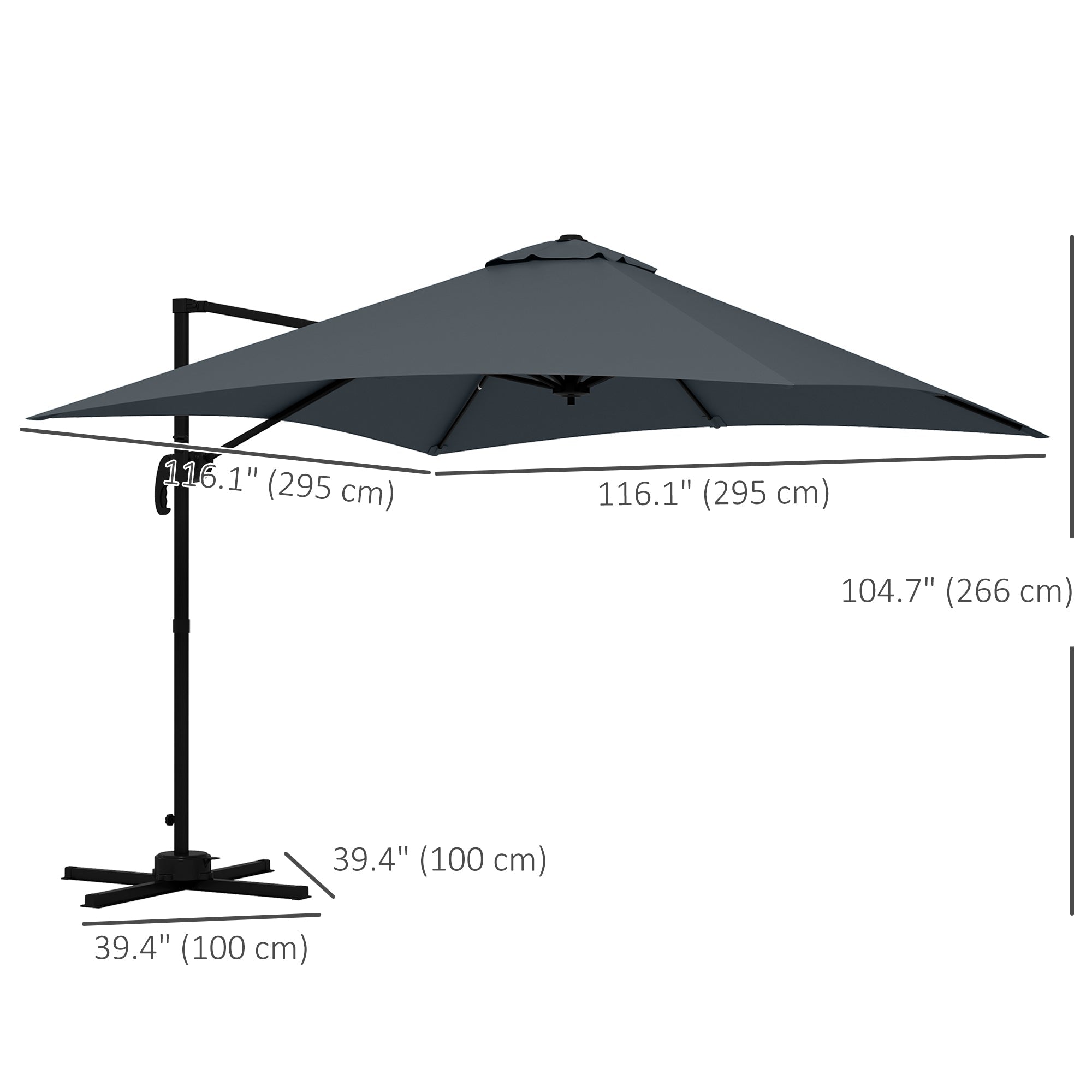 Outsunny 10x10ft Cantilever Umbrella Square Market Parasol Adjustable Outdoor Patio Shade Dark Grey Rotatable 